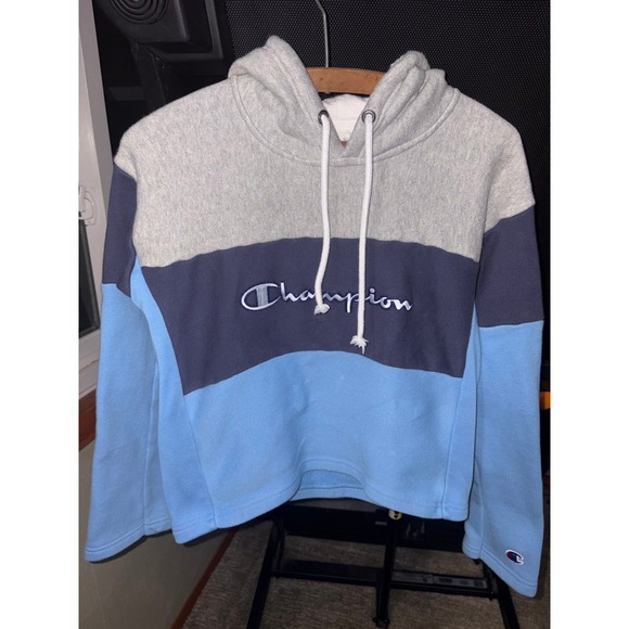Champion Hoodie Women XSmall Blue Gray Colorblock Reverse Weave Casual Comfort - Picture 2 of 4